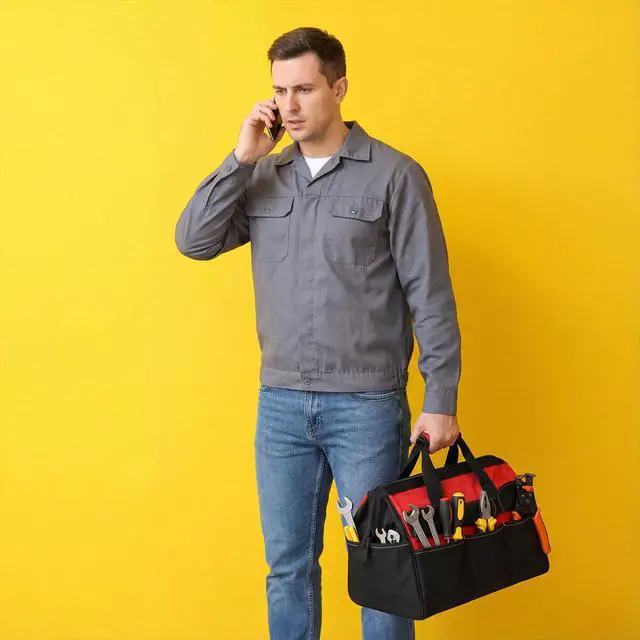 Alt view image 7 of 7 - 3 Pack Tool Bag for Men with Waterproof Hard Bottom, Heavy Duty Tool Bag Wide Mouth Tote for Various Instrument, Electrician Carpenter Mechanic (Blue, Red, Yellow,16 Inch,Side Pockets)
