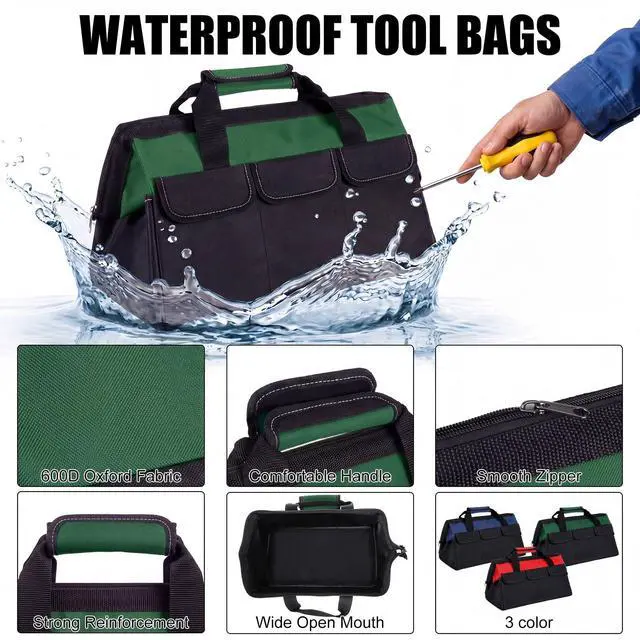 Alt view image 3 of 6 - 3 Pack Tool Bag for Men with Waterproof Hard Bottom, Heavy Duty Tool Bag Wide Mouth Tote for Various Instrument, Electrician Carpenter Mechanic(Red, Army Green, Blue,16 Inch,Side Pockets)
