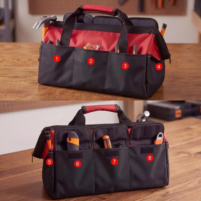 Alt view image 4 of 6 - 3 Pack Tool Bag for Men with Waterproof Hard Bottom, Heavy Duty Tool Bag Wide Mouth Tote for Various Instrument, Electrician Carpenter Mechanic(Red, Army Green, Blue,16 Inch,Side Pockets)