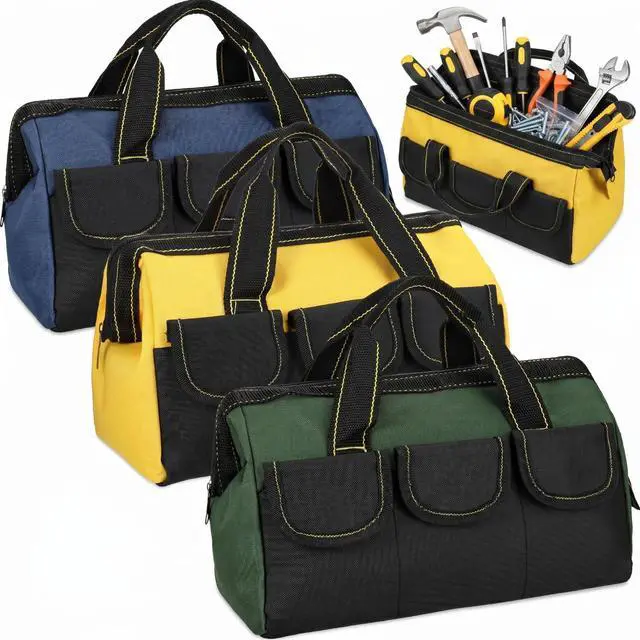 Main image of 3 Pack Tool Bag for Men with Waterproof Hard Bottom, Heavy Duty Tool Bag Wide Mouth Tote for Various Instrument, Electrician Carpenter Mechanic(Blue, Green, Yellow,16 Inch,Classic)