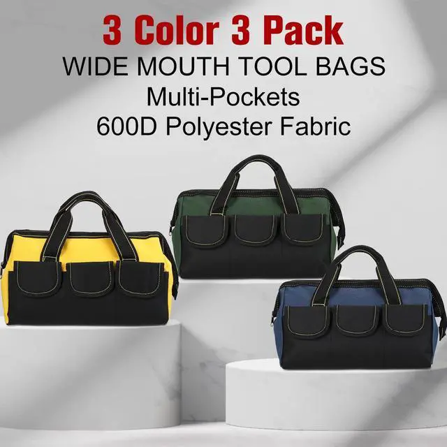 Alt view image 2 of 7 - 3 Pack Tool Bag for Men with Waterproof Hard Bottom, Heavy Duty Tool Bag Wide Mouth Tote for Various Instrument, Electrician Carpenter Mechanic(Blue, Yellow, Army Green,13 Inch,Classic)