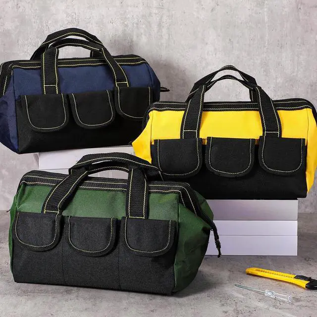 Alt view image 6 of 7 - 3 Pack Tool Bag for Men with Waterproof Hard Bottom, Heavy Duty Tool Bag Wide Mouth Tote for Various Instrument, Electrician Carpenter Mechanic(Blue, Yellow, Army Green,13 Inch,Classic)