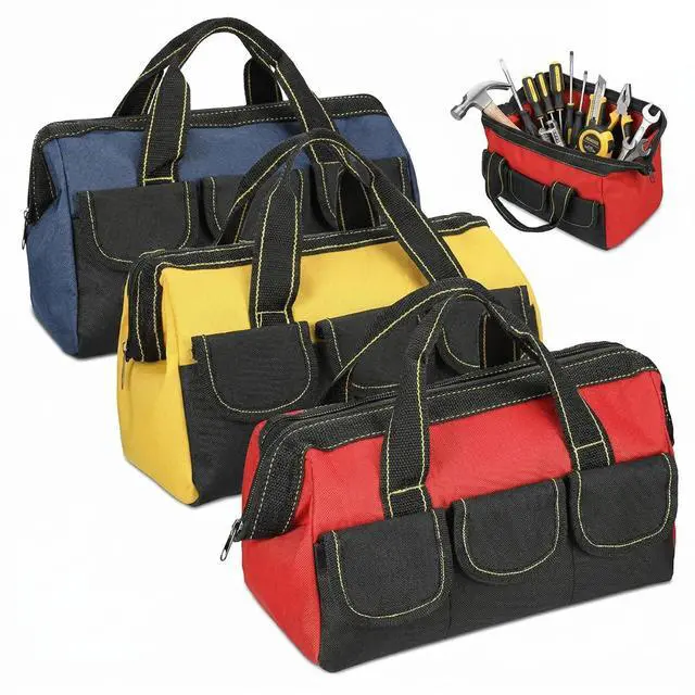 Main image of 3 Pack Tool Bag for Men with Waterproof Hard Bottom, Heavy Duty Tool Bag Wide Mouth Tote for Various Instrument, Electrician Carpenter Mechanic(Blue, Red, Yellow,16 Inch,Classic)