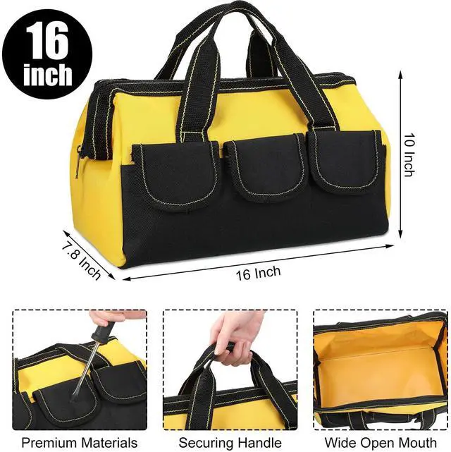 Alt view image 2 of 7 - 3 Pack Tool Bag for Men with Waterproof Hard Bottom, Heavy Duty Tool Bag Wide Mouth Tote for Various Instrument, Electrician Carpenter Mechanic(Blue, Red, Yellow,16 Inch,Classic)