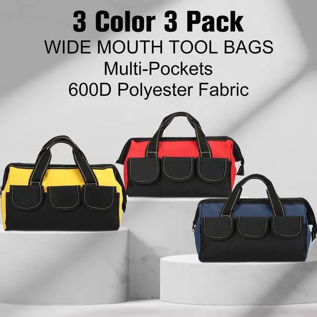 Alt view image 3 of 7 - 3 Pack Tool Bag for Men with Waterproof Hard Bottom, Heavy Duty Tool Bag Wide Mouth Tote for Various Instrument, Electrician Carpenter Mechanic(Blue, Red, Yellow,16 Inch,Classic)