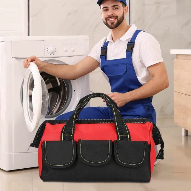 Alt view image 7 of 7 - 3 Pack Tool Bag for Men with Waterproof Hard Bottom, Heavy Duty Tool Bag Wide Mouth Tote for Various Instrument, Electrician Carpenter Mechanic(Blue, Red, Yellow,16 Inch,Classic)