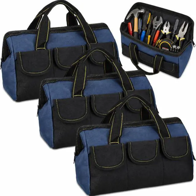 Main image of 3 Pack Tool Bag for Men with Waterproof Hard Bottom, Heavy Duty Tool Bag Wide Mouth Tote for Various Instrument, Electrician Carpenter Mechanic(Blue,16 Inch,Classic)