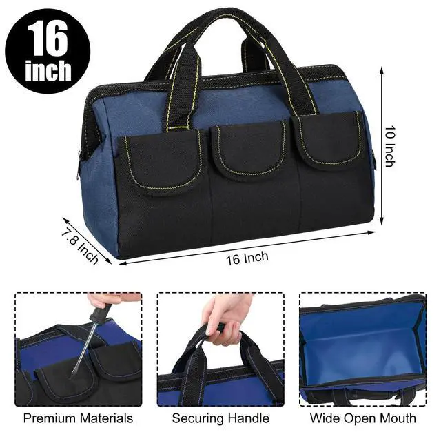 Alt view image 2 of 6 - 3 Pack Tool Bag for Men with Waterproof Hard Bottom, Heavy Duty Tool Bag Wide Mouth Tote for Various Instrument, Electrician Carpenter Mechanic(Blue,16 Inch,Classic)