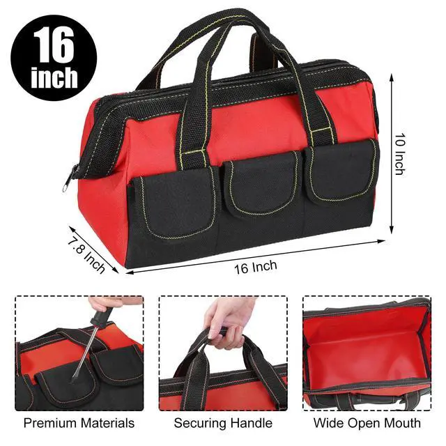 Alt view image 2 of 6 - 3 Pack Tool Bag for Men with Waterproof Hard Bottom, Heavy Duty Tool Bag Wide Mouth Tote for Various Instrument, Electrician Carpenter Mechanic(Red,16 Inch,Classic)