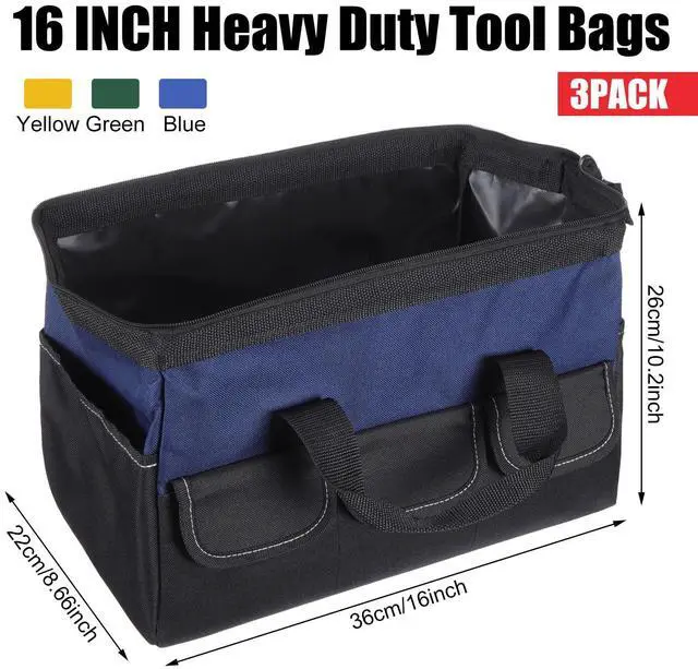 Alt view image 2 of 6 - 3 Pack Tool Bag for Men with Waterproof Hard Bottom, Heavy Duty Tool Bag Wide Mouth Tote for Various Instrument, Electrician Carpenter Mechanic(Blue, Army Green, Yellow,16 Inch,Side Pockets)