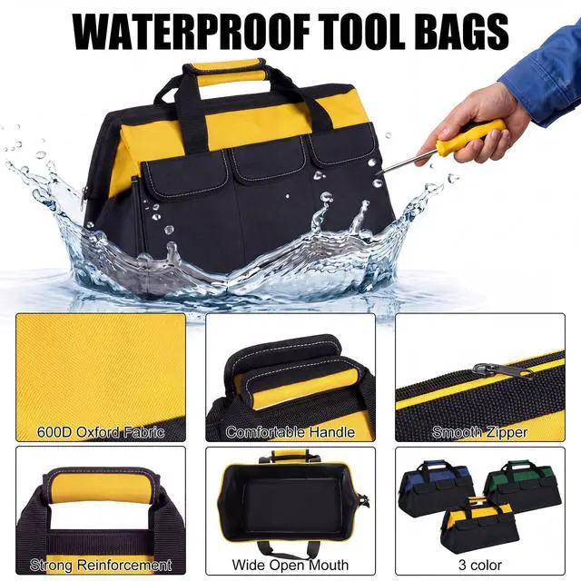 Alt view image 3 of 6 - 3 Pack Tool Bag for Men with Waterproof Hard Bottom, Heavy Duty Tool Bag Wide Mouth Tote for Various Instrument, Electrician Carpenter Mechanic (Blue, Army Green, Yellow,18 Inch,Side Gusset)