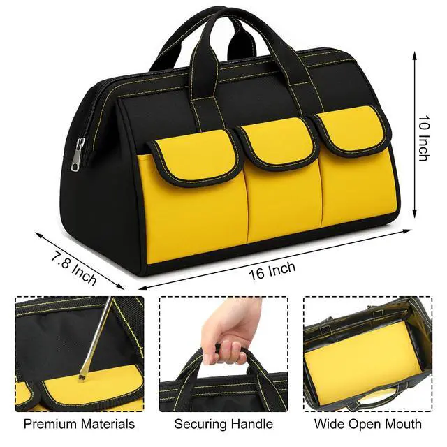 Alt view image 2 of 6 - 3 Pack Tool Bag for Men with Waterproof Hard Bottom, Heavy Duty Tool Bag Wide Mouth Tote for Various Instrument, Electrician Carpenter Mechanic(Black Red, Blue, Yellow,16 Inch,Classic)