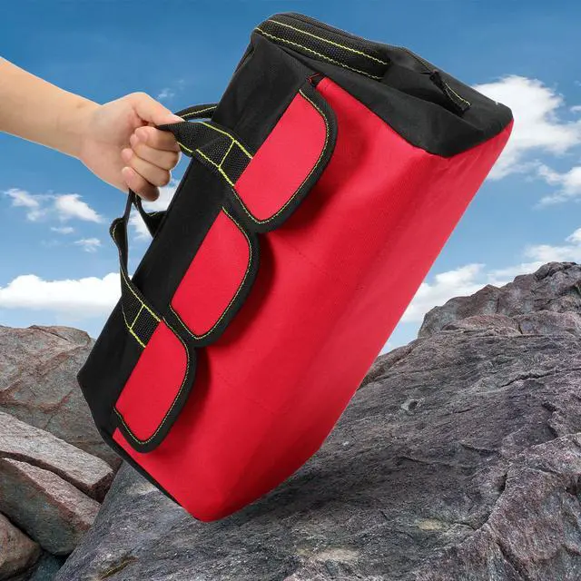 Alt view image 3 of 6 - 3 Pack Tool Bag for Men with Waterproof Hard Bottom, Heavy Duty Tool Bag Wide Mouth Tote for Various Instrument, Electrician Carpenter Mechanic(Black Red, Blue, Yellow,16 Inch,Classic)