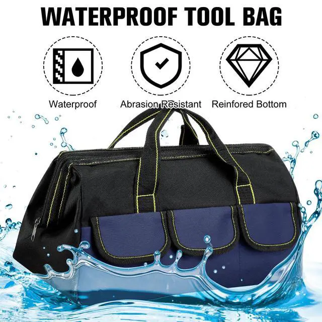 Alt view image 4 of 6 - 3 Pack Tool Bag for Men with Waterproof Hard Bottom, Heavy Duty Tool Bag Wide Mouth Tote for Various Instrument, Electrician Carpenter Mechanic(Black Red, Blue, Yellow,16 Inch,Classic)