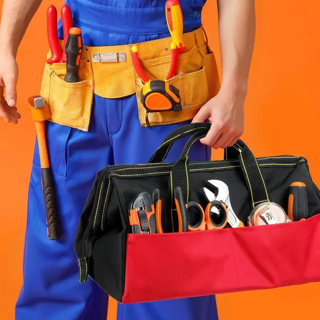 Alt view image 6 of 6 - 3 Pack Tool Bag for Men with Waterproof Hard Bottom, Heavy Duty Tool Bag Wide Mouth Tote for Various Instrument, Electrician Carpenter Mechanic(Black Red, Blue, Yellow,16 Inch,Classic)