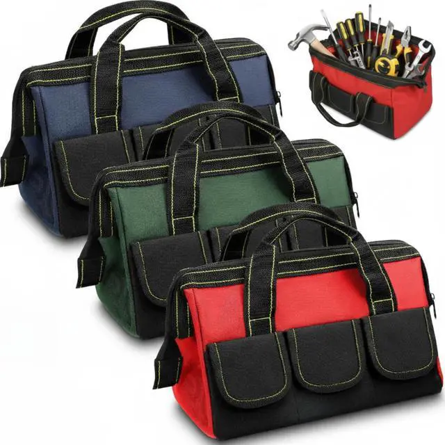 Main image of 3 Pack Tool Bag for Men with Waterproof Hard Bottom, Heavy Duty Tool Bag Wide Mouth Tote for Various Instrument, Electrician Carpenter Mechanic(Red, Army Green, Blue,16 Inch,Classic)