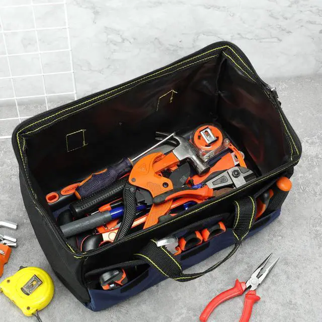 Alt view image 5 of 6 - 3 Pack Tool Bag for Men with Waterproof Hard Bottom, Heavy Duty Tool Bag Wide Mouth Tote for Various Instrument, Electrician Carpenter Mechanic(Black Red, Blue, Yellow,16 Inch,Classic)