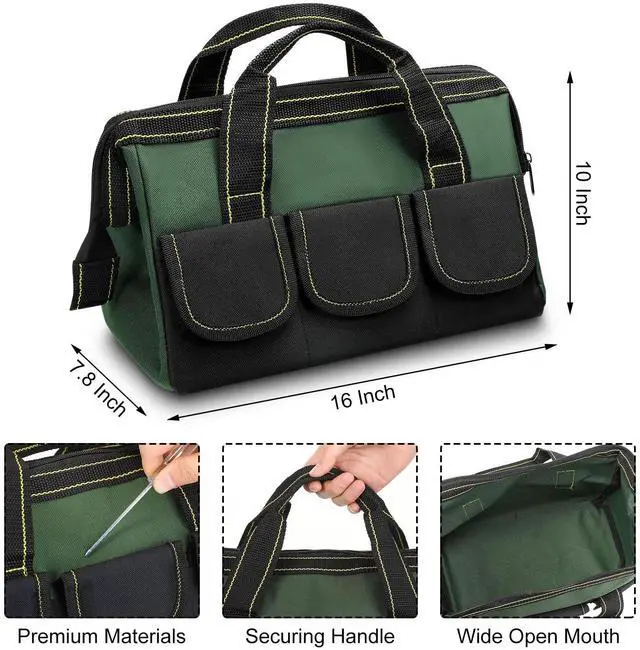 Alt view image 2 of 7 - 3 Pack Tool Bag for Men with Waterproof Hard Bottom, Heavy Duty Tool Bag Wide Mouth Tote for Various Instrument, Electrician Carpenter Mechanic(Red, Army Green, Blue,16 Inch,Classic)