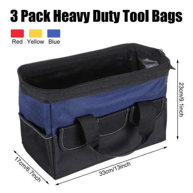 Alt view image 2 of 6 - 3 Pack Tool Bag for Men with Waterproof Hard Bottom, Heavy Duty Tool Bag Wide Mouth Tote for Various Instrument, Electrician Carpenter Mechanic (Blue, Red, Yellow,13 Inch,Side Pockets)