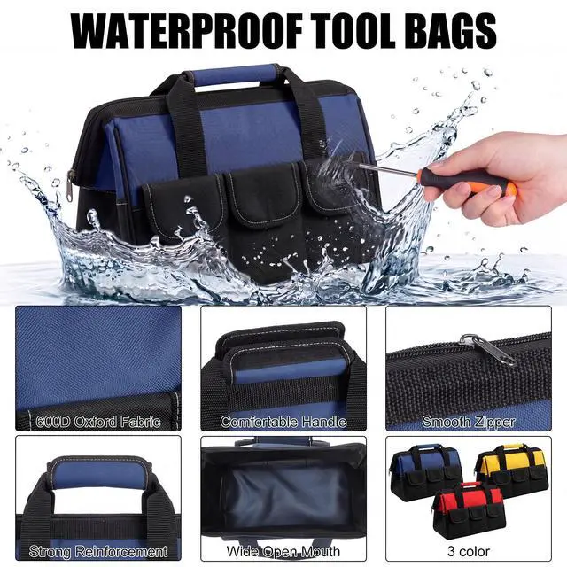 Alt view image 3 of 6 - 3 Pack Tool Bag for Men with Waterproof Hard Bottom, Heavy Duty Tool Bag Wide Mouth Tote for Various Instrument, Electrician Carpenter Mechanic (Blue, Red, Yellow,13 Inch,Side Pockets)