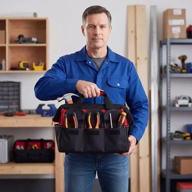 Alt view image 6 of 6 - 3 Pack Tool Bag for Men with Waterproof Hard Bottom, Heavy Duty Tool Bag Wide Mouth Tote for Various Instrument, Electrician Carpenter Mechanic (Blue, Red, Yellow,13 Inch,Side Pockets)