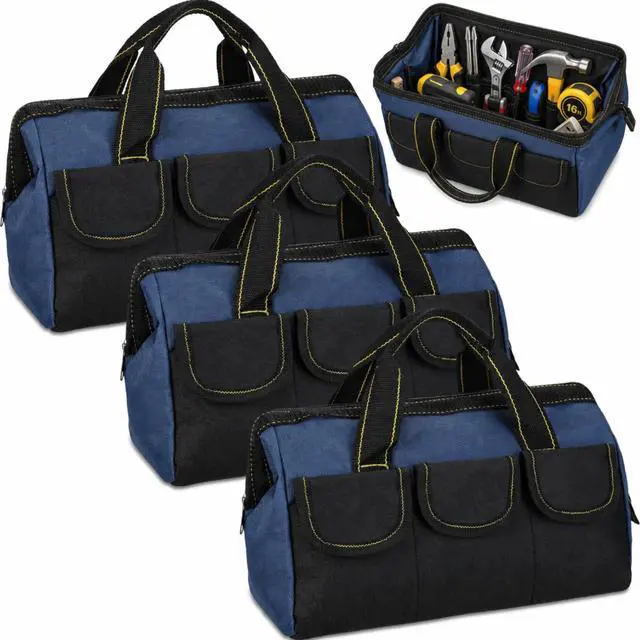 Main image of 3 Pack Tool Bag for Men with Waterproof Hard Bottom, Heavy Duty Tool Bag Wide Mouth Tote for Various Instrument, Electrician Carpenter Mechanic(Blue,13 Inch,Classic)