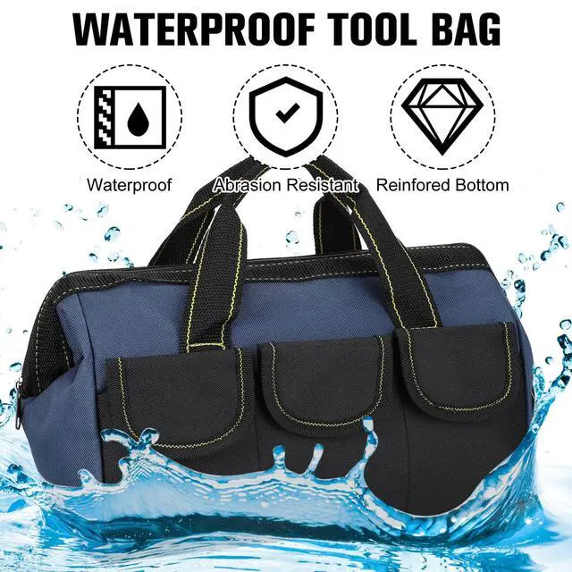 Alt view image 3 of 6 - 3 Pack Tool Bag for Men with Waterproof Hard Bottom, Heavy Duty Tool Bag Wide Mouth Tote for Various Instrument, Electrician Carpenter Mechanic(Blue,16 Inch,Classic)