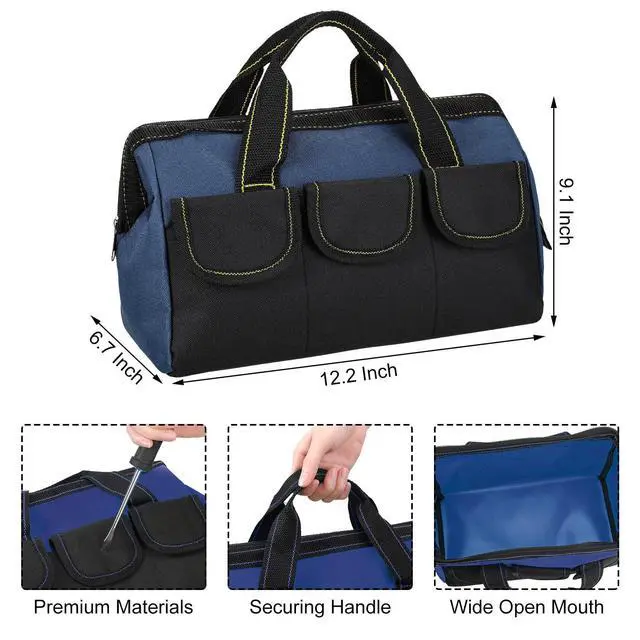 Alt view image 2 of 6 - 3 Pack Tool Bag for Men with Waterproof Hard Bottom, Heavy Duty Tool Bag Wide Mouth Tote for Various Instrument, Electrician Carpenter Mechanic(Blue,13 Inch,Classic)