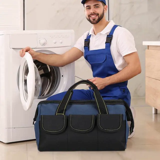 Alt view image 5 of 6 - 3 Pack Tool Bag for Men with Waterproof Hard Bottom, Heavy Duty Tool Bag Wide Mouth Tote for Various Instrument, Electrician Carpenter Mechanic(Blue,16 Inch,Classic)