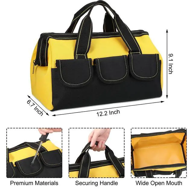 Alt view image 2 of 6 - 3 Pack Tool Bag for Men with Waterproof Hard Bottom, Heavy Duty Tool Bag Wide Mouth Tote for Various Instrument, Electrician Carpenter Mechanic(Yellow,13 Inch,Classic)