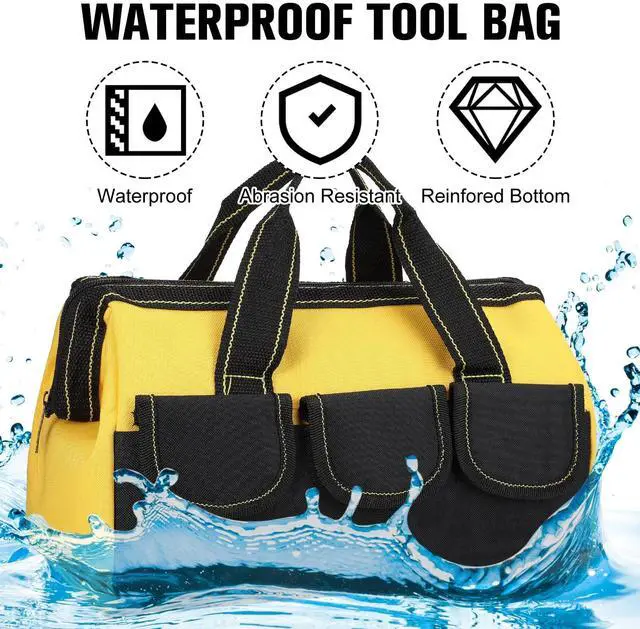 Alt view image 4 of 6 - 3 Pack Tool Bag for Men with Waterproof Hard Bottom, Heavy Duty Tool Bag Wide Mouth Tote for Various Instrument, Electrician Carpenter Mechanic(Yellow,13 Inch,Classic)