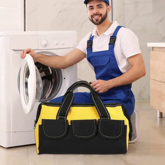 Alt view image 5 of 6 - 3 Pack Tool Bag for Men with Waterproof Hard Bottom, Heavy Duty Tool Bag Wide Mouth Tote for Various Instrument, Electrician Carpenter Mechanic(Yellow,13 Inch,Classic)