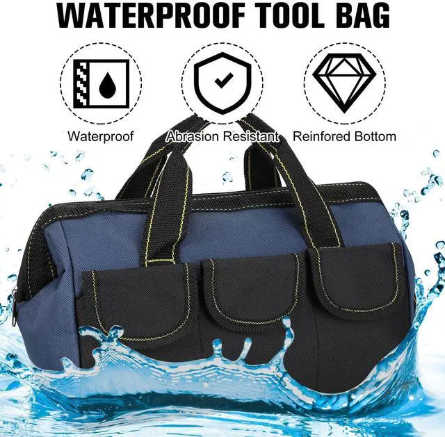 Alt view image 3 of 7 - 3 Pack Tool Bag for Men with Waterproof Hard Bottom, Heavy Duty Tool Bag Wide Mouth Tote for Various Instrument, Electrician Carpenter Mechanic(Red, Army Green, Blue,16 Inch,Classic)