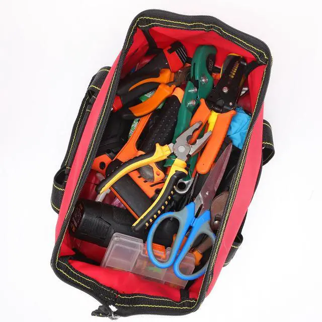 Alt view image 4 of 7 - 3 Pack Tool Bag for Men with Waterproof Hard Bottom, Heavy Duty Tool Bag Wide Mouth Tote for Various Instrument, Electrician Carpenter Mechanic(Red, Army Green, Blue,16 Inch,Classic)