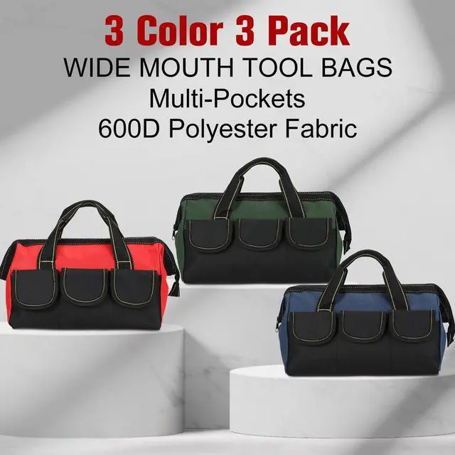 Alt view image 6 of 7 - 3 Pack Tool Bag for Men with Waterproof Hard Bottom, Heavy Duty Tool Bag Wide Mouth Tote for Various Instrument, Electrician Carpenter Mechanic(Red, Army Green, Blue,16 Inch,Classic)