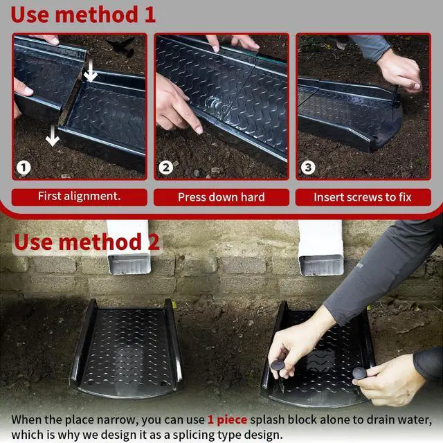 Alt view image 3 of 6 - 2 Pack Downspout Splash Block, 24" Rain Gutter Downspout Extensions | with 4pc Fixing Nails,Gutter Downspout Splash Block, Drainage to Protect House Foundations (4 Piece|Black)