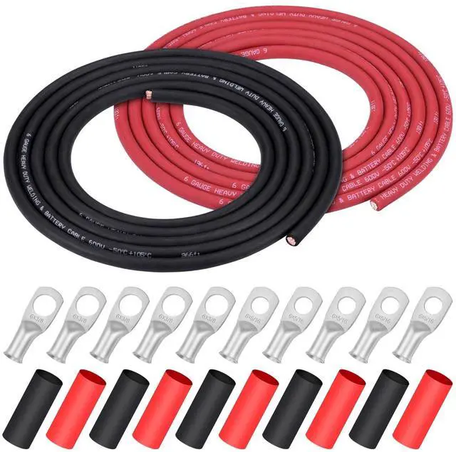 Main image of 6 Gauge 6 AWG Wire 10 Feet Black + 10 Feet Red Ultra Flexible Welding Battery Pure Copper Cable + 5pcs of 5/16" & 5pcs 3/8" Copper Cable Lug Terminal Connectors+Heat Shrink Tubing