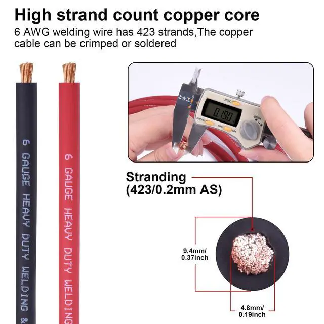Alt view image 2 of 7 - 6 Gauge 6 AWG Wire 10 Feet Black + 10 Feet Red Ultra Flexible Welding Battery Pure Copper Cable + 5pcs of 5/16" & 5pcs 3/8" Copper Cable Lug Terminal Connectors+Heat Shrink Tubing