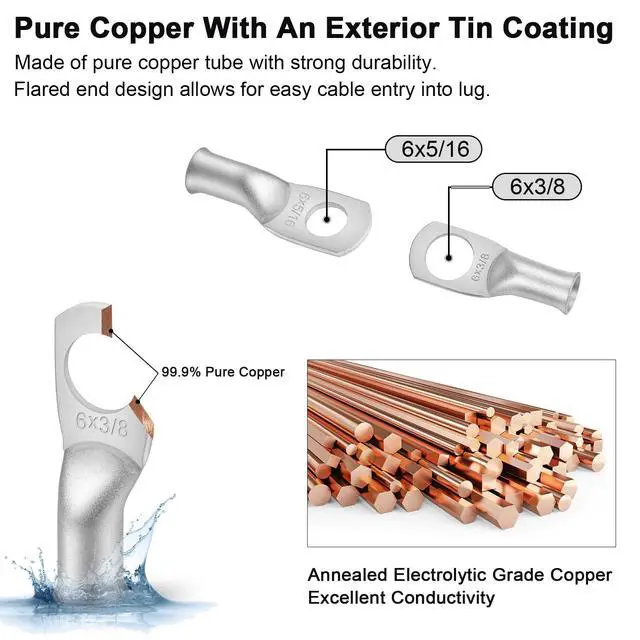 Alt view image 3 of 7 - 6 Gauge 6 AWG Wire 10 Feet Black + 10 Feet Red Ultra Flexible Welding Battery Pure Copper Cable + 5pcs of 5/16" & 5pcs 3/8" Copper Cable Lug Terminal Connectors+Heat Shrink Tubing