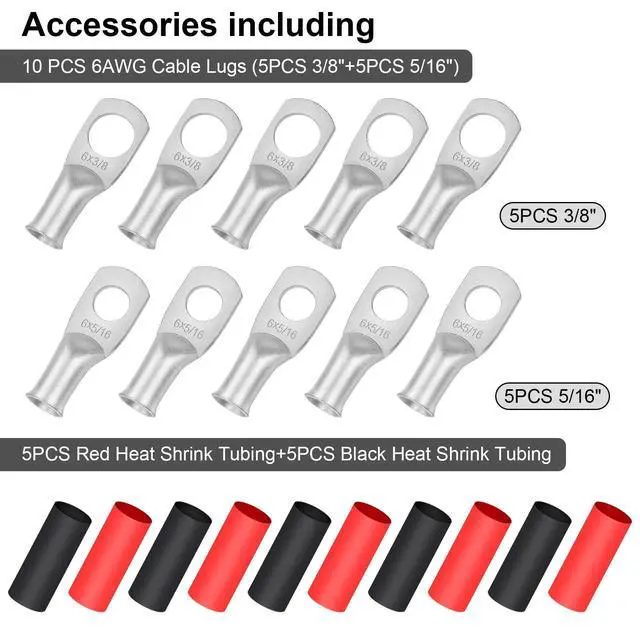 Alt view image 7 of 7 - 6 Gauge 6 AWG Wire 10 Feet Black + 10 Feet Red Ultra Flexible Welding Battery Pure Copper Cable + 5pcs of 5/16" & 5pcs 3/8" Copper Cable Lug Terminal Connectors+Heat Shrink Tubing