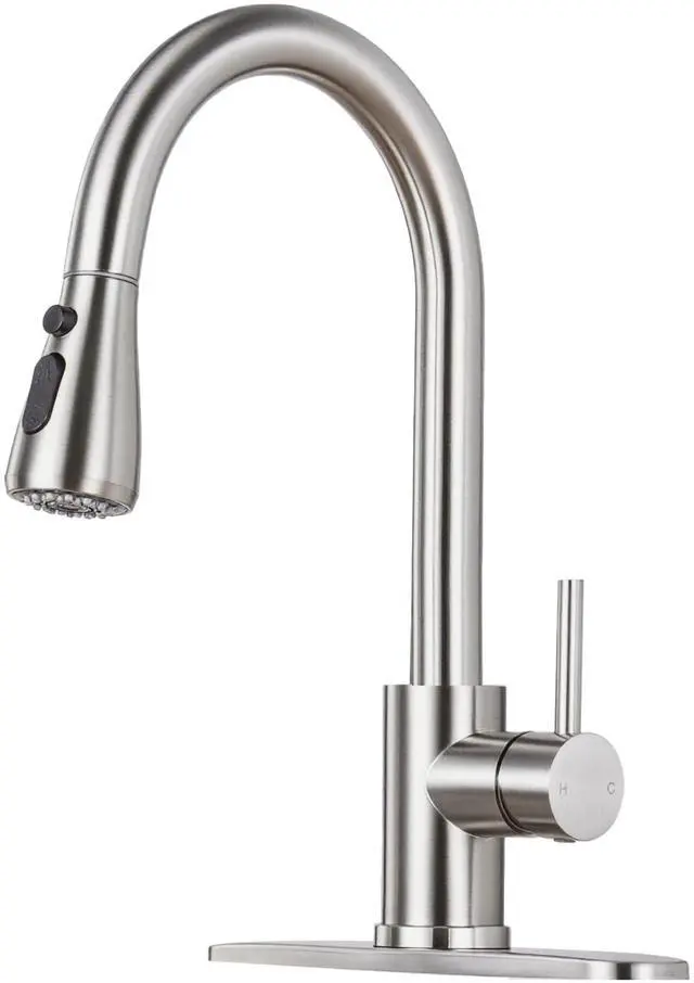 Main image of Brushed Nickel Kitchen Faucet with Pull Down Sprayer and Deck Plate | SUS 304 Stainless Steel, Single Handle, 3 Spray Modes, 360° Swivel Spout, RV Laundry Bar Sink, Deck Plate, NSF372 NSF61 cUPC