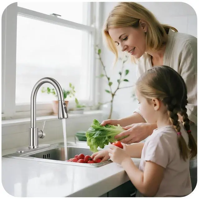 Alt view image 2 of 7 - Brushed Nickel Kitchen Faucet with Pull Down Sprayer and Deck Plate | SUS 304 Stainless Steel, Single Handle, 3 Spray Modes, 360° Swivel Spout, RV Laundry Bar Sink, Deck Plate, NSF372 NSF61 cUPC