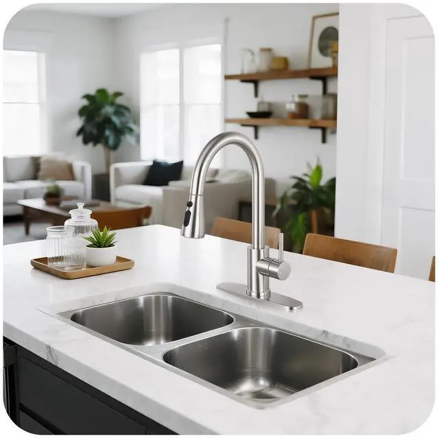 Alt view image 3 of 7 - Brushed Nickel Kitchen Faucet with Pull Down Sprayer and Deck Plate | SUS 304 Stainless Steel, Single Handle, 3 Spray Modes, 360° Swivel Spout, RV Laundry Bar Sink, Deck Plate, NSF372 NSF61 cUPC