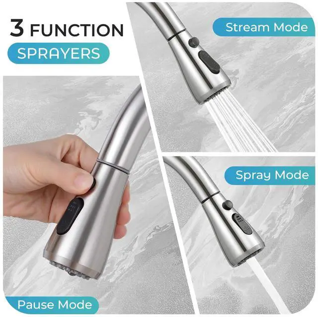 Alt view image 5 of 7 - Brushed Nickel Kitchen Faucet with Pull Down Sprayer and Deck Plate | SUS 304 Stainless Steel, Single Handle, 3 Spray Modes, 360° Swivel Spout, RV Laundry Bar Sink, Deck Plate, NSF372 NSF61 cUPC