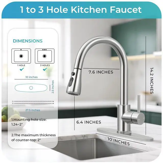 Alt view image 6 of 7 - Brushed Nickel Kitchen Faucet with Pull Down Sprayer and Deck Plate | SUS 304 Stainless Steel, Single Handle, 3 Spray Modes, 360° Swivel Spout, RV Laundry Bar Sink, Deck Plate, NSF372 NSF61 cUPC