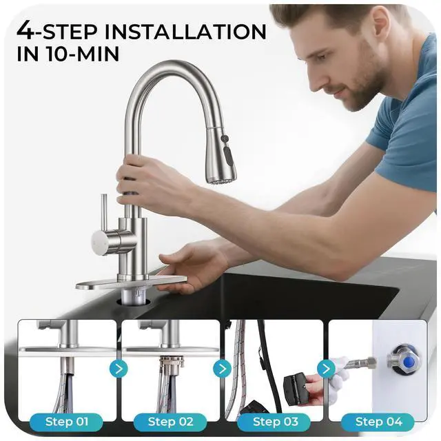 Alt view image 7 of 7 - Brushed Nickel Kitchen Faucet with Pull Down Sprayer and Deck Plate | SUS 304 Stainless Steel, Single Handle, 3 Spray Modes, 360° Swivel Spout, RV Laundry Bar Sink, Deck Plate, NSF372 NSF61 cUPC