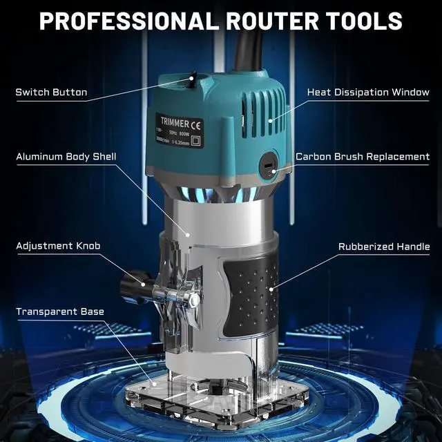 Alt view image 2 of 7 - Router Tool, 110V-120V 800W Compact Wood Router Tool for Woodworking | Electric Hand Trimmer 1/4" Collets Palm Wood Router Tools Laminate Trimmer + Tungsten Carbide Router Bits 15-Piece Set