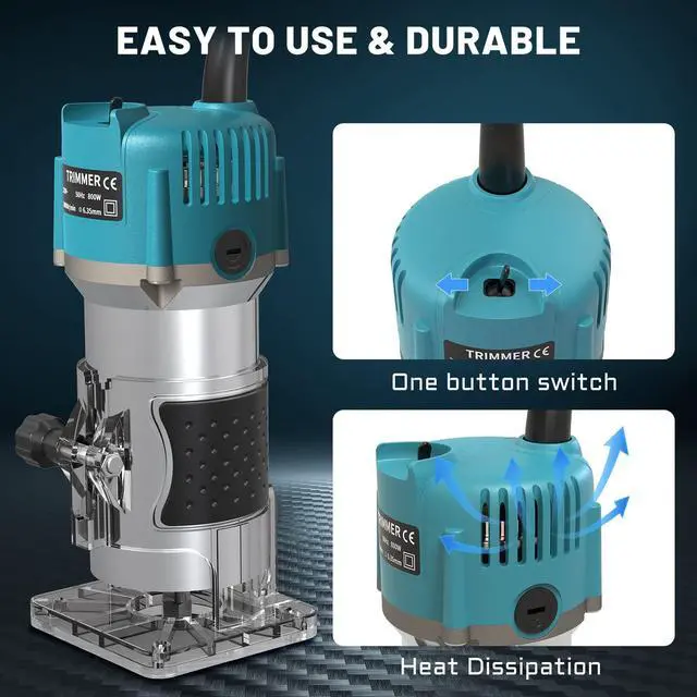 Alt view image 5 of 7 - Router Tool, 110V-120V 800W Compact Wood Router Tool for Woodworking | Electric Hand Trimmer 1/4" Collets Palm Wood Router Tools Laminate Trimmer + Tungsten Carbide Router Bits 15-Piece Set
