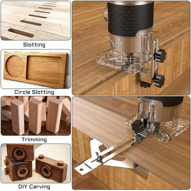 Alt view image 6 of 7 - Router Tool, 110V-120V 800W Compact Wood Router Tool for Woodworking | Electric Hand Trimmer 1/4" Collets Palm Wood Router Tools Laminate Trimmer + Tungsten Carbide Router Bits 15-Piece Set