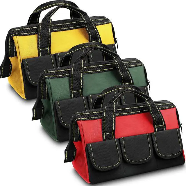 Main image of 3 Pack Tool Bag for Men with Waterproof Hard Bottom, Heavy Duty Tool Bag Wide Mouth Tote for Various Instrument, Electrician Carpenter Mechanic(Red, Army Green, Yellow,16 Inch,Classic)